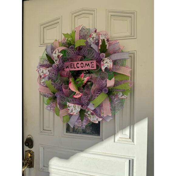 Welcome Hummingbird Mesh Ribbon Spring & Summer Wreath Door Hanger Home Decor - Picture 6 of 8